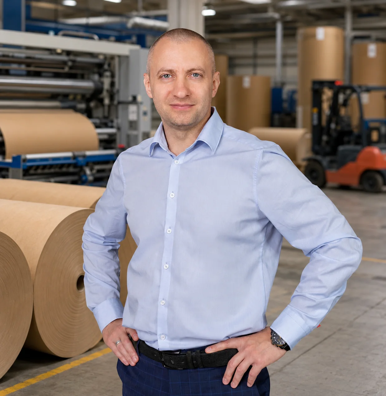 Konstantin Turygin in einer Wellpappenproduktion